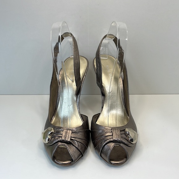 Nine West Pewter Peep toe Sling back leather shoes 8.5 - Picture 4 of 11